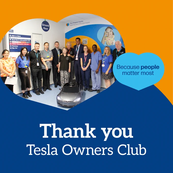 Peter Smoothly and his wife from Tesla Owners Club pictured centre alongside staff from theatres, paediatrics and Bedfordshire Hospitals NHS Charity and text 'Thank you Tesla Owners Club'