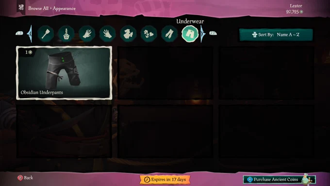 A "screenshot" showing the reworked Sea of Thieves Pirate Emporium. The underwear tab is active and Obsidian Underpants (!) selected.