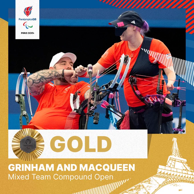 a gold medal graphic with a photo of the archers doing a fist bump holding their bows, nathan is seated while jodie is standing 