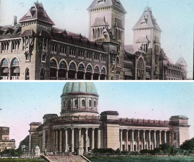  A hand-coloured photographic lantern slide images of two large, ornate stone buildings. The General Post Office (GPO) and Telegraph Office, Madras in Chennai, India, is shown above an image of the General Post Office (GPO), in Calcutta (Kolkata), India.