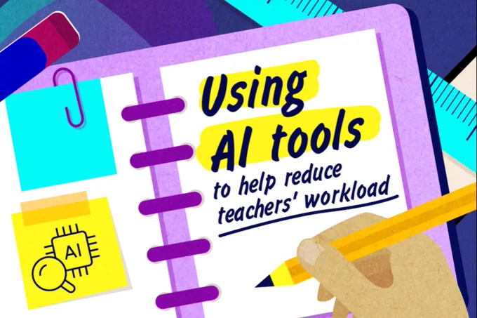 a colourful notebook with a hand writing the words "Using AI tools to help reduce teachers' workload"