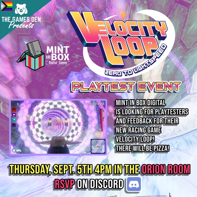 Promotional poster advertising a game testing event for Velocity Loop this thursday sept 5th @ 4pm at the University of Alberta in the Orion Room