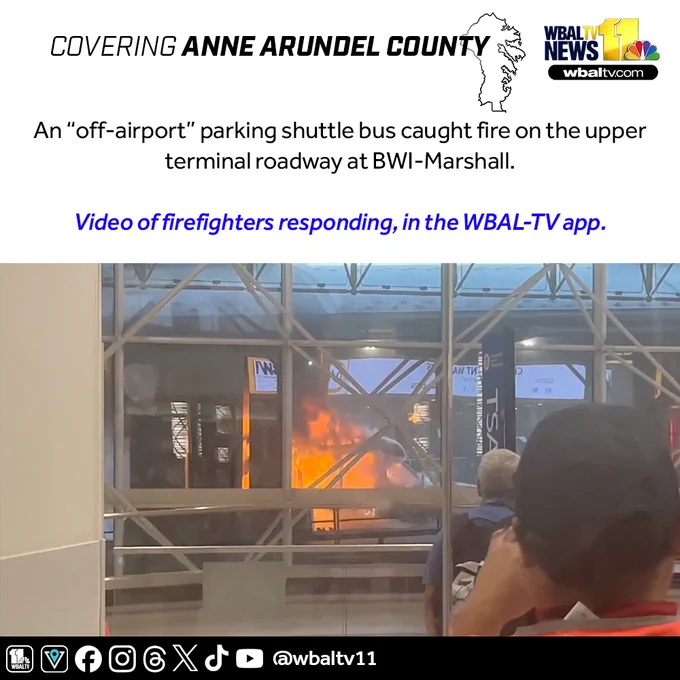 An “off-airport” parking shuttle bus caught fire on the upper terminal roadway at BWI-Marshall.