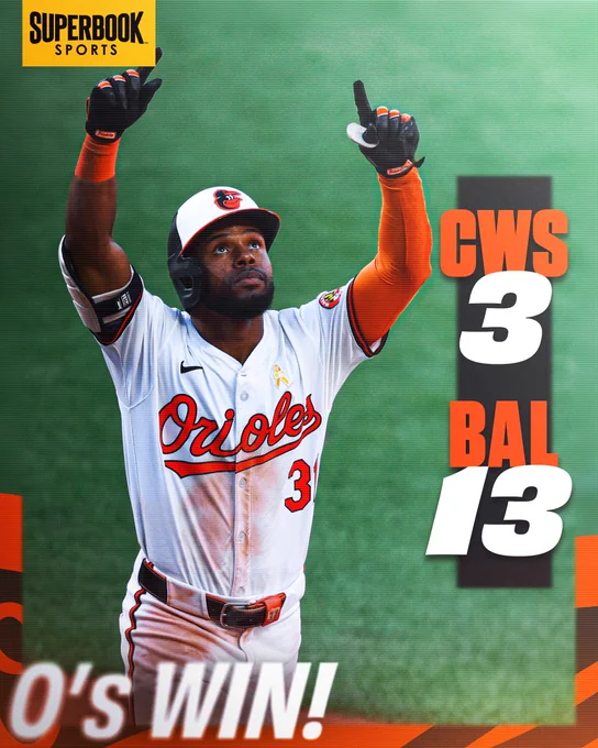 O's WIN!

White Sox - 3
Orioles - 13

The graphic features an image of Cedric Mullins celebrating after his home run. He is wearing a white Orioles uniform and helmet.