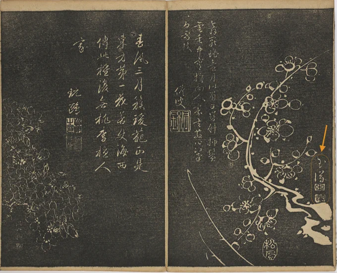 another two pages from the same collection; in this one I have highlighted the artist's name and seal for the right-hand page, Gyokuran玉瀾.