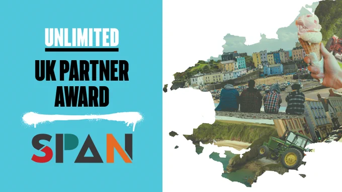 A graphic introducing our UK Partner Award with SPAN Arts. It features a graphic image showing the edge of the welsh coastline filled with photos of a coastal beach, people, ice cream and a tractor.