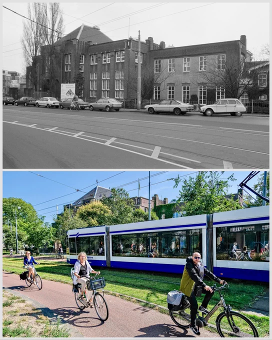 A before and after image of an Amsterdam street. The before is asphalt- and car-dominated. The after filled with cyclists, trams, and greenery.