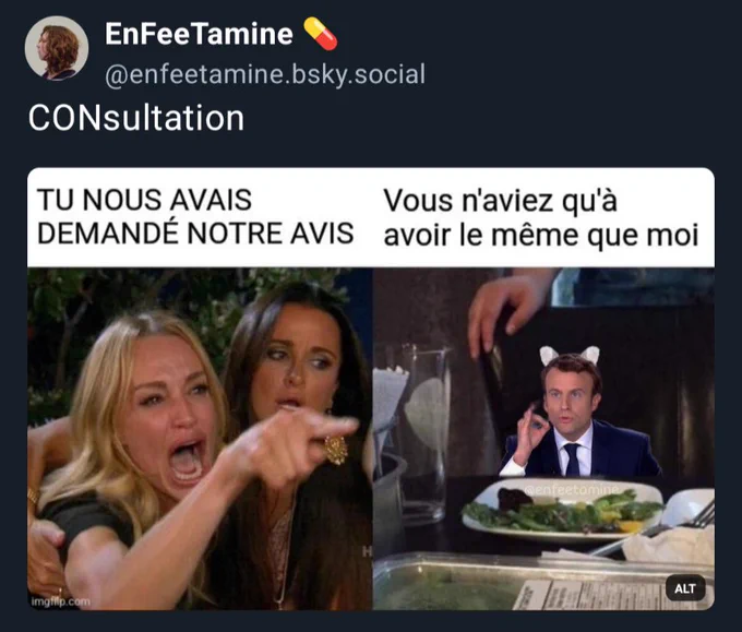 Capture BIuesky 
Meme des femmes en colère qui crient sur un chat 
Femme en larme : TU NOUS AVAIS DEMANDÉ NOTRE AVIS 
Chat remplacé par Macron avec des oreilles de chat, dans une posture très professorale : vous n'aviez qu'à avoir le même que moi