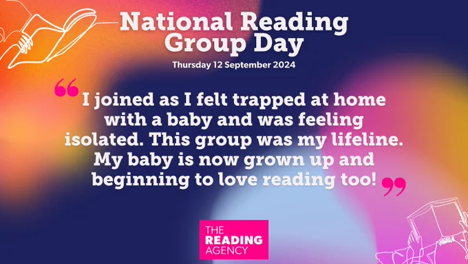 A navy blue graphic with blobs of colour. It reads, 'I joined as I felt trapped at home with a baby and was feeling isolated. This group was my lifeline. My baby is now grown up and beginning to love reading too!'