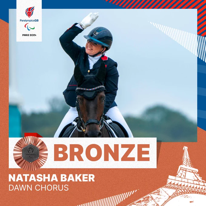 BRONZE medal graphic for Natasha Baker on Dawn Chorus in the Individual Event Grade III - picture of Tash on her horse waving and smiling
