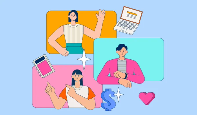 Illustration of cartoon people in colourful boxes with and image of a computer, a notebook, 2 starts, a heart and a dollar sign floating around them