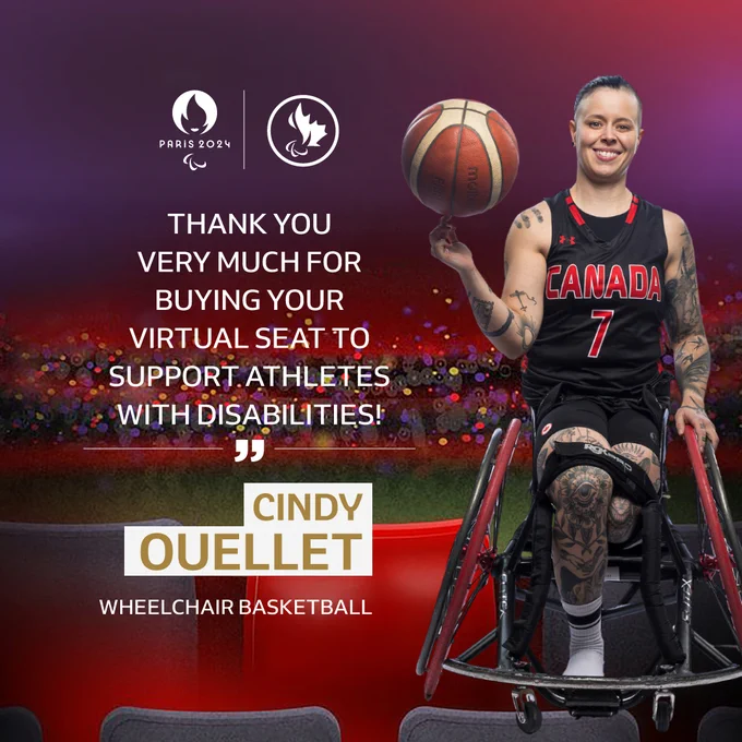 An image of Cindy Ouellet in her wheelchair holding a basketball in front of a purple background with text "Thank you for buying your virtual seat to support athletes with disabilities" 