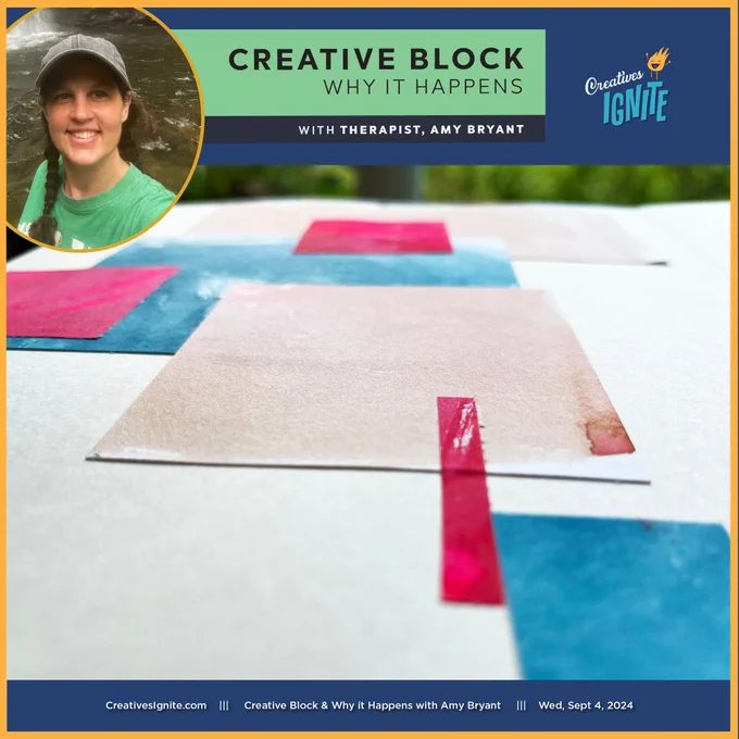 Creative Block: Why It Happens with Amy Bryant
https://creativesignite.com/creative-block-why-it-happens
This week we are talking about something we all deal with from time to time. Sometimes it lingers longer but is always an unwelcome visitor, the dreaded creative block.

We are asking my long time friend and also therapist, Amy Bryant why it happens and how to move through it. Do you think you can avoid creative block? 

How often does it show it's head in your life? Are there signals it is coming for a visit?

I hope you will join me LIVE for Episode 479 on Wednesday, Sept 4, 2024 at 7:30pm BST / 2:30pm ET / 11:30am PT / 8:30am in Hawaii. Sign up here to get the link delivered to your inbox. https://creativesignite.com/signup