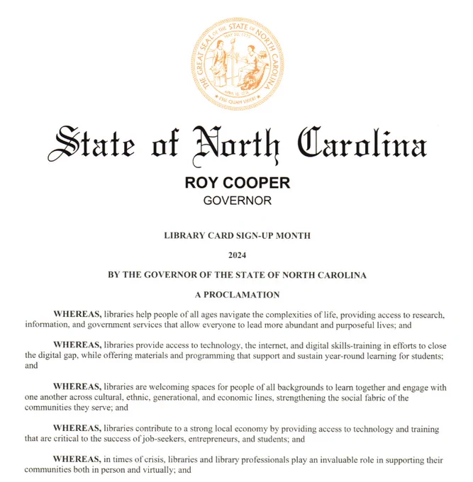 Image of the official State of North Carolina proclamation for September as Library Card Sign Up month in 2024. 