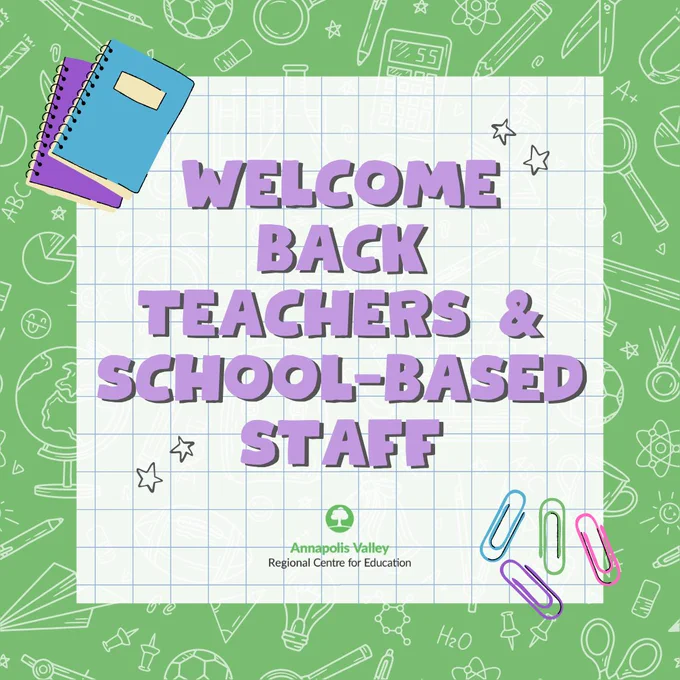 An image with a green background with a white cartoon-style pattern showing school supplies. A blue and purple cartoon-style graphic of notebooks is in the upper left corner, with similar style graphics of paperclips in the lower right corner. In the centre of the image is a background with a grid pattern, and purple block text that reads, "Welcome back teachers & school-based staff." 