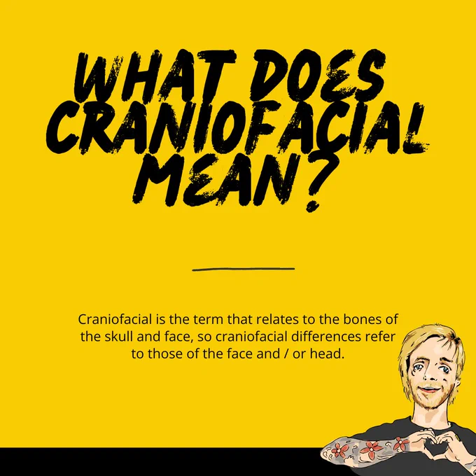 A yellow background with an animation on the bottom right of Jono Lancaster, FEI Ambassador who has blonde hair, tattoos covering his arms and Treacher Collins syndrome. Text reads: "What does craniofacial mean? September marks Craniofacial Acceptance Month, a period dedicated to raising awareness around and educating people on craniofacial differences and how we can advocate for and promote acceptance of people who have them." 