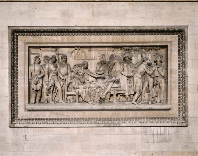 Représentation des Funérailles du général Marceau sur le relief supérieur du piédroit nord-est, côté avenue des Champs-Élysées.