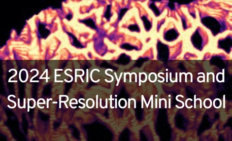 Promotional image for 2024 ESRIC Symposium and Super-Resolution School. Event title in white text over bright yellow and purple micrograph, with lattice-like structure.