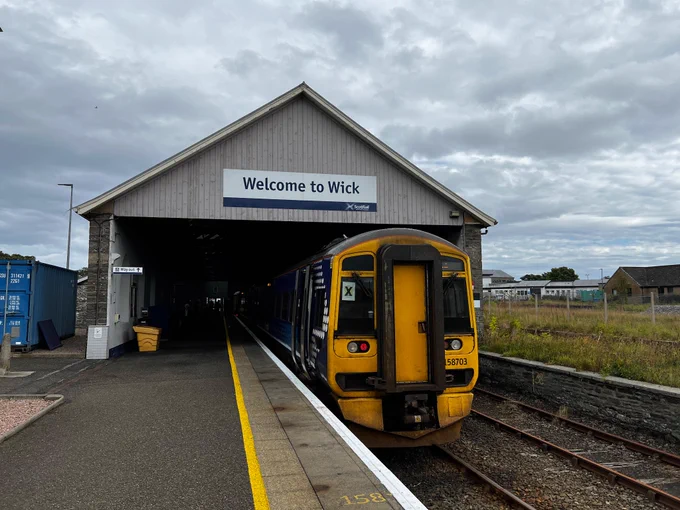 A ScotRail 158 at Wick station on the Far North Line.
