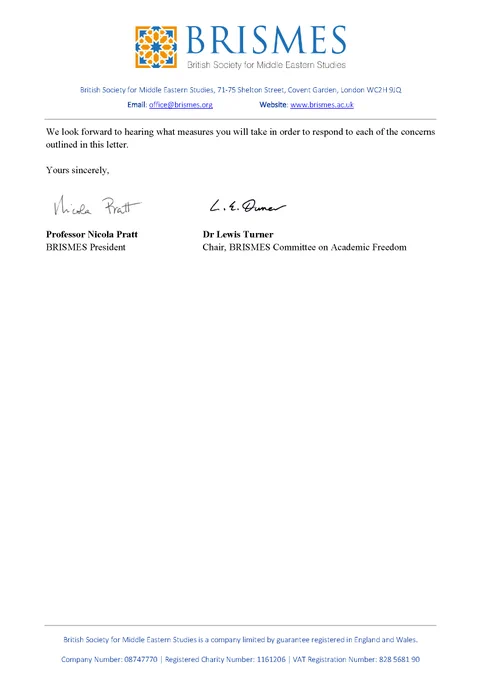 The image shows page 4 of the letter from the BRISMES Committee on Academic Freedom. The letter is available to read in full on the BRISMES website: https://www.brismes.ac.uk/news/academic-freedom-letter-regarding-draft-joint-parliamentary-resolution-in-germany