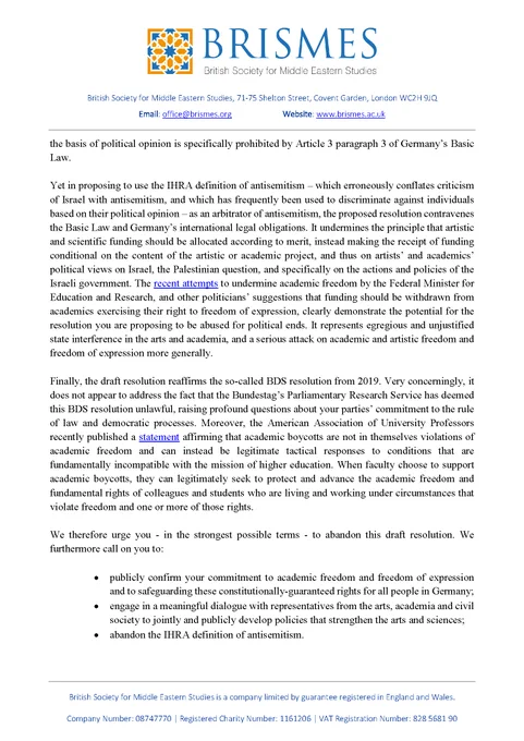 The image shows page 3 of the letter from the BRISMES Committee on Academic Freedom. The letter is available to read in full on the BRISMES website: https://www.brismes.ac.uk/news/academic-freedom-letter-regarding-draft-joint-parliamentary-resolution-in-germany