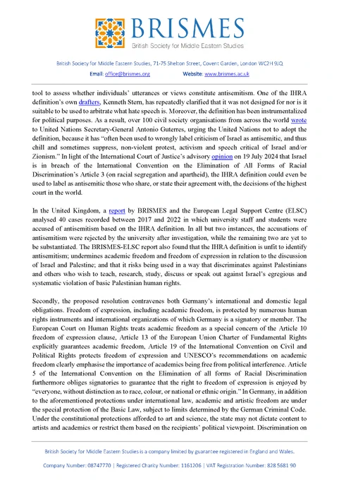 The image shows page 2 of the letter from the BRISMES Committee on Academic Freedom. The letter is available to read in full on the BRISMES website: https://www.brismes.ac.uk/news/academic-freedom-letter-regarding-draft-joint-parliamentary-resolution-in-germany