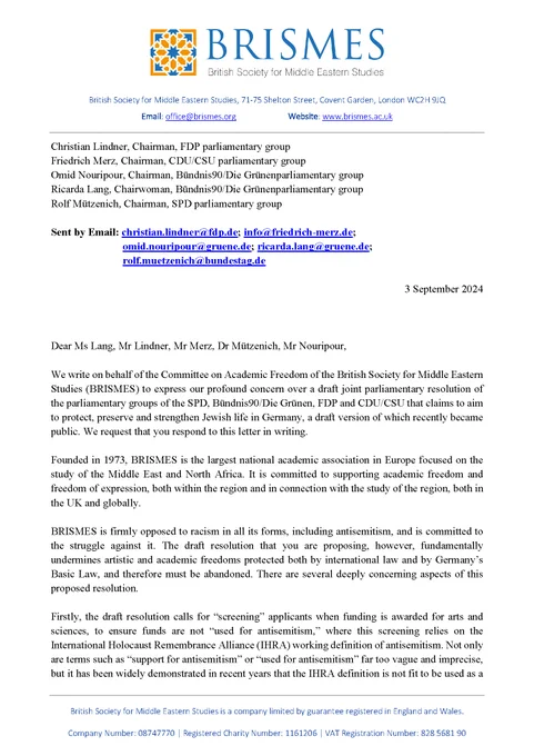 The image shows page 1 of the letter from the BRISMES Committee on Academic Freedom. The letter is available to read in full on the BRISMES website: https://www.brismes.ac.uk/news/academic-freedom-letter-regarding-draft-joint-parliamentary-resolution-in-germany