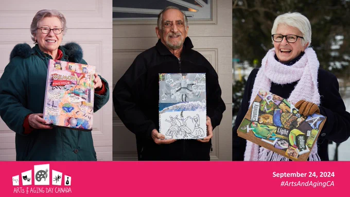 Text: Arts and Aging Day Canada September 24 2024

Image: Collage of older adults from previous Arts and Aging Day events showing their artwork, dancing and playing instruments. 