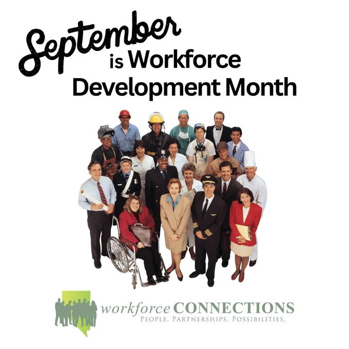Graphic reading September is Workforce Development Month with a photo of a group of workers from various professions.   Workforce Connections logo at the bottom, with the tagline People. Partnerships.  Possibilities.  