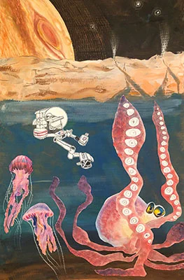 A child's drawing showing the interior ocean of Europa populated with a large pink octopus, jellyfish, and a robotic probe in the water. Above the ocean is a cutaway view of Europa's icy crust with erupting geysers. Jupiter and a starry black sky are visible beyond.