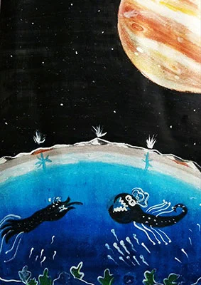 A child's drawing showing the interior ocean of Europa populated with black, toothy deep sea creatures. Above the ocean is a cutaway view of Europa's icy crust with erupting geysers. Jupiter and a starry black sky are visible beyond.