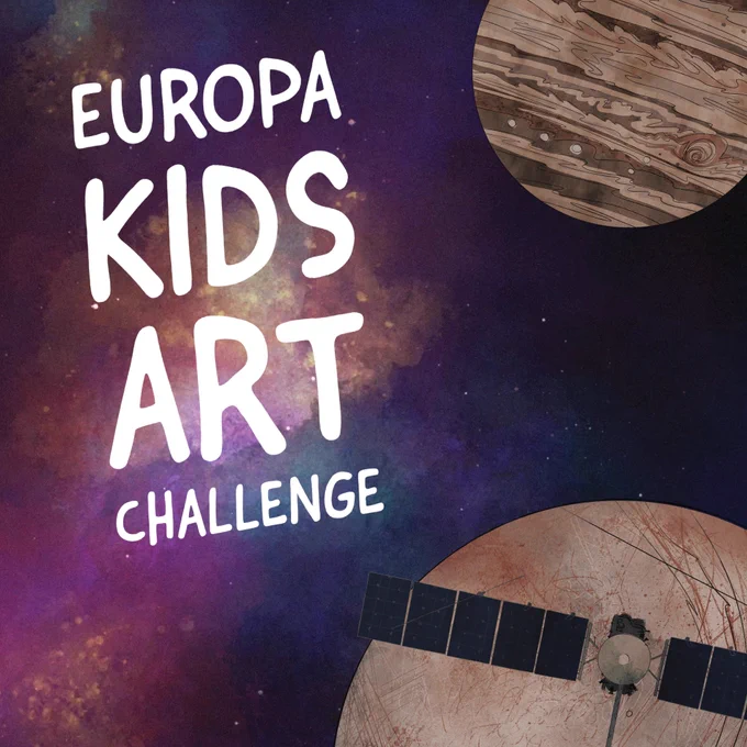 A promotional image for the 'Europa Kids Art Challenge' featuring a cosmic background filled with deep purples and oranges, resembling a nebula. In the foreground, there is an artistic representation of Jupiter's moon Europa, with a cracked and textured surface. A space probe with solar panels is positioned near the bottom right, suggesting exploration. The text 'Europa Kids Art Challenge' is written in bold, white letters, standing out against the colorful space backdrop. A smaller depiction of Jupiter is partially visible in the top right corner.