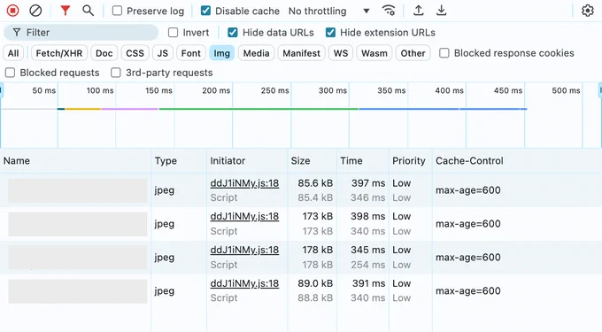 Chrome DevTools Network tab listing 4 jpeg images