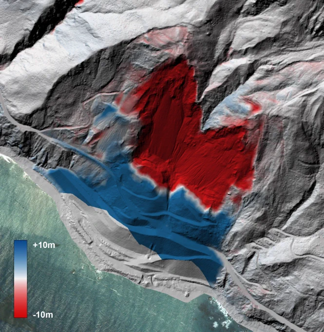 The 2017 Mud Creek landslide occurred along the Big Sur coastline of central California, approximately 140 kilometers south of San Francisco. The red areas indicate zones of erosion or material loss, while blue areas highlight where the displaced material was deposited.