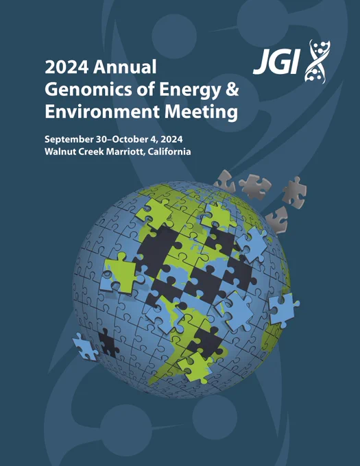 2024 Annual Genomics of Energy & Environment Meeting poster, featuring a globe made of puzzle pieces against a blue background, hosted by JGI in Walnut Creek, California from September 30 to October 4.