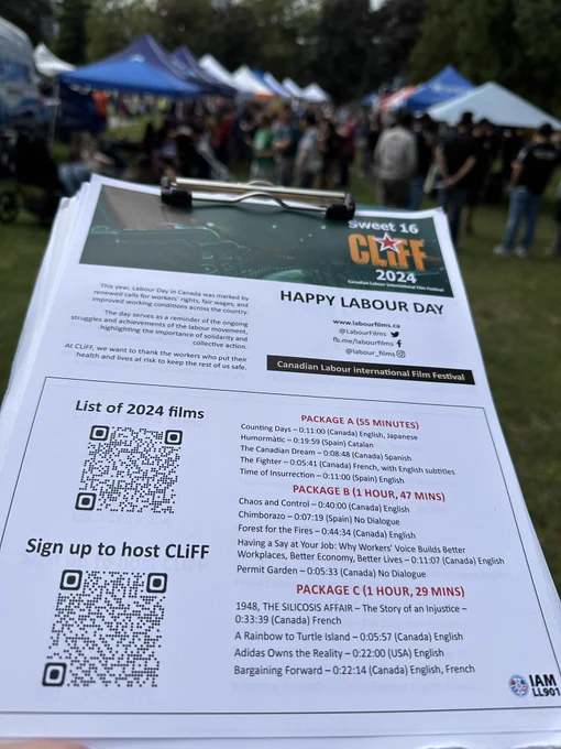 CLiFF flyer and background of canopies booths at Labour Day at Edmonds Park