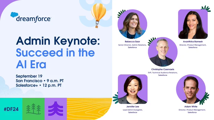 Dreamforce promotional graphic for the Admin Keynote titled 'Succeed in the AI Era' on September 19. The event will take place in San Francisco at 9 a.m. PT and will also be streamed on Salesforce  at 12 p.m. PT. The graphic features headshots of five speakers: Rebecca Saar,  Avanthika Ramesh, Christophe Coenraets, Jennifer Lee, and Adam White.
