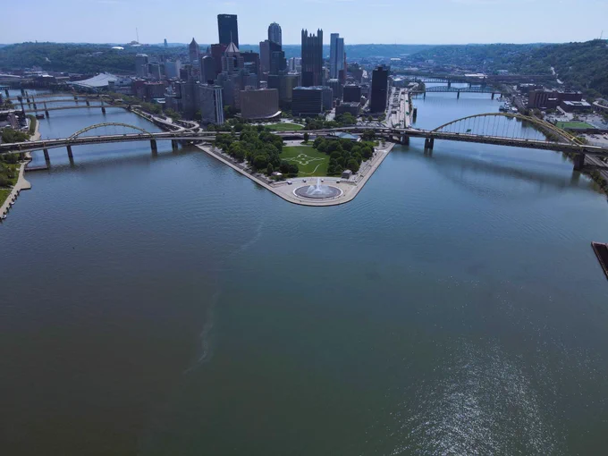 Pittsburgh's famous confluence where the Allegheny and Monongahela Rivers join to form the Ohio River.  Photo credit:  Brandon Brewster.  