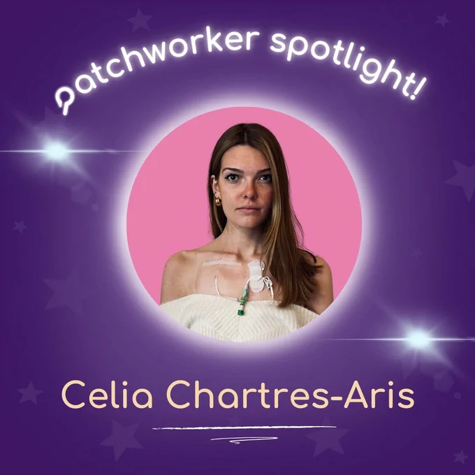 Purple background with stars. This background repeats throughout. A photo of Celia is displayed in the centre. Text reads: ‘Patchworker Spotlight! Celia Chartres-Aris.