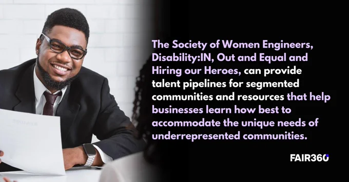 Picture of a person in a suit smiling and holding a piece of paper adjacent to text reading: The Society of Women Engineers, Disability:IN, Out and Equal and Hiring our Heroes, can provide talent pipelines for segmented communities and resources that help businesses learn how best to accommodate the unique needs of underrepresented communities.