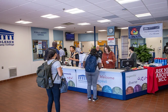 students in lobby of MCC's Cowan Center