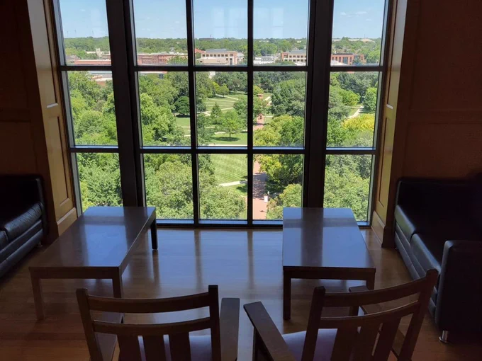 A view of the Oval from the 11th floor of Thompson Library. 