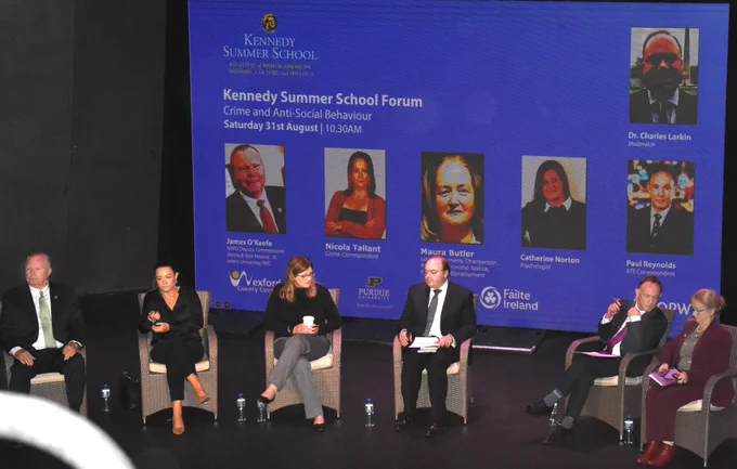 Panel on Crime and Anti-Social Behaviour moderated by Charles Larkin: James O'Keefe retired NYPD deputy commissioner; Nicola Tallant crime correspondent; Catherine Norton psychologist; Paul Reynolds RTE crime correspondent; Maura Butler solicitor