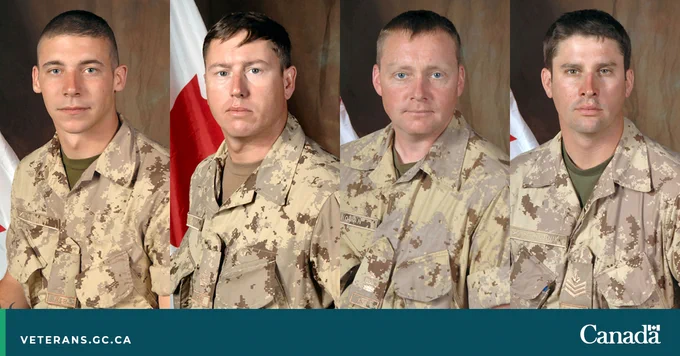 Military portraits of (from L-R): Private William Cushley, Warrant Officer Frank Mellish, Warrant Officer Richard Nolan, Sergeant Shane Stachnik