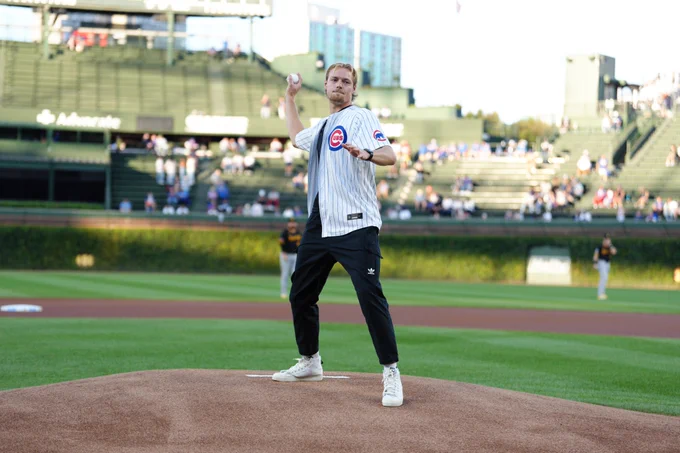 Chris Brady throws today's ceremonial first pitch. (Photo: Matt Dirksen/Cubs)