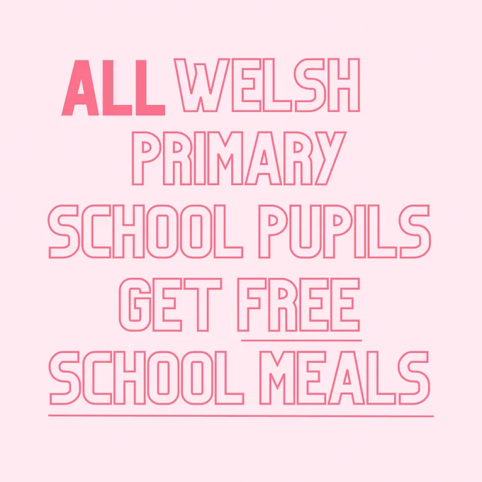 Pink graphic which says - All Welsh primary school pupils get free school meals.