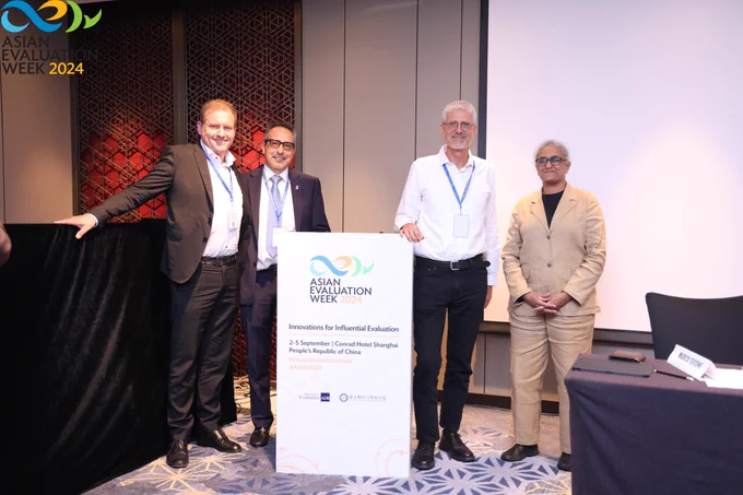 Photo of Sven Harten, Gonzalo Gomez, Marco Segone and Maya Vijayaraghavan at the Asian Evaluation Week