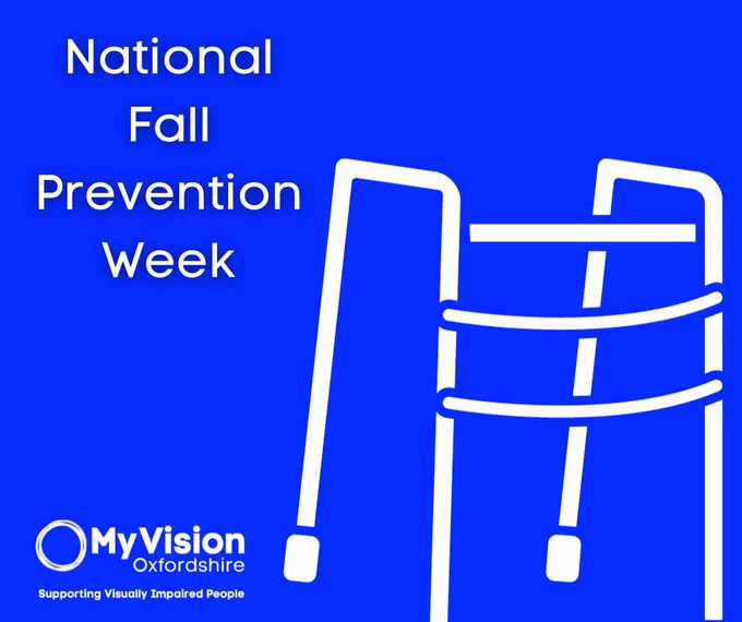 Poster that says, 'National Fall Prevention Week.' There is an image of a walker beside it and a MyVision logo in the corner.