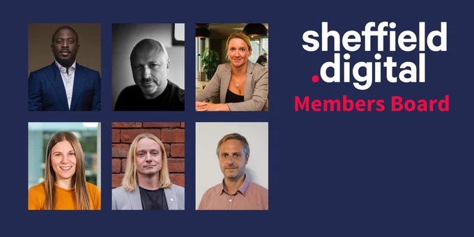 A blue graphic displaying six individuals with the title, 'Sheffield Digital Members Board'.