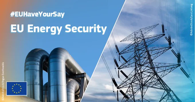 2 combined photos of pipelines and an electric pylon against blue sky. EU have your say on EU energy security.  
